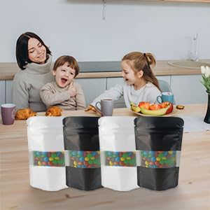 4CP 100 Pcs Black Zipper Smell Proof Bags with Window, 6.3x9.5 Inch Stand Up Foil Pouches for Food Selfsealing Storage, Reusable Bag for Packaging Small Business, Cookies, Nunt, Candy