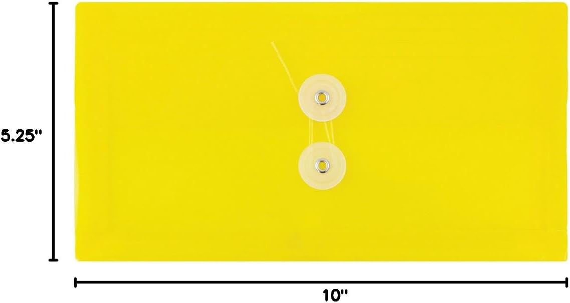 JAM PAPER Plastic Envelopes with Button & String Tie Closure - #10 Business Booklet - 5 1/4 x 10 - Yellow - 12/Pack