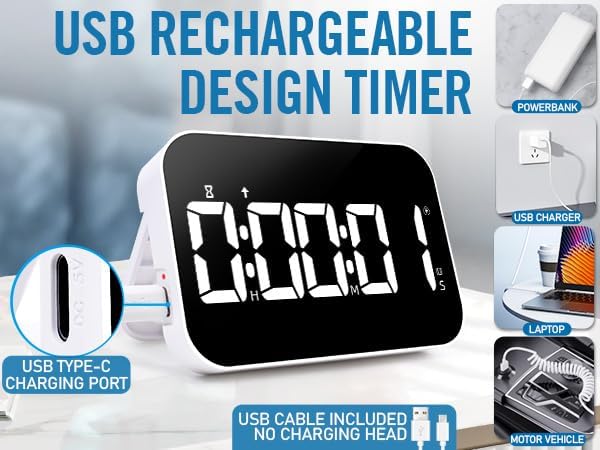 Kitchen Timer (1.5" Number) Large Digital Magnetic Timer, Rechargeabilit, Countdown and Countup, 3 Brightness Display, 3 Volume Levels and Vibration Mode, for Cook, Kids Adults Study Teaching