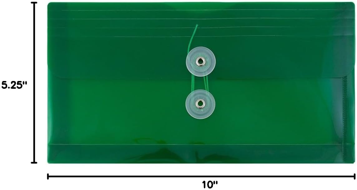 JAM PAPER Plastic Envelopes with Button & String Tie Closure - #10 Business Booklet - 5 1/4 x 10 - Green - 12/Pack