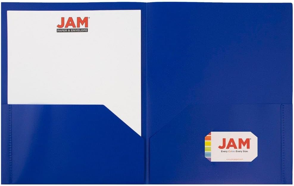JAM PAPER Plastic 2 Pocket POP Folders - Durable School Folders - Blue - Bulk 48/Pack