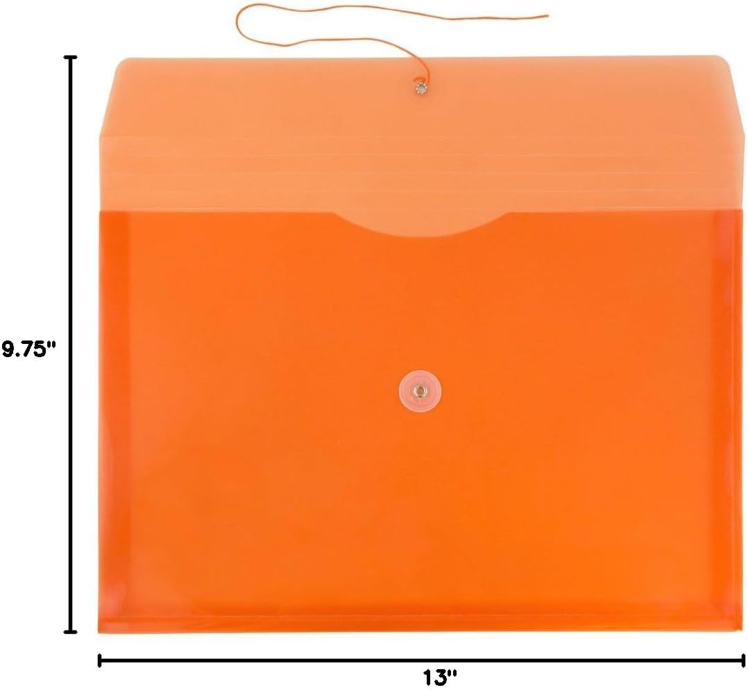 JAM PAPER Plastic Envelopes with Button & String Tie Closure - Letter Booklet - 9 3/4 x 13 - Orange - 12/Pack