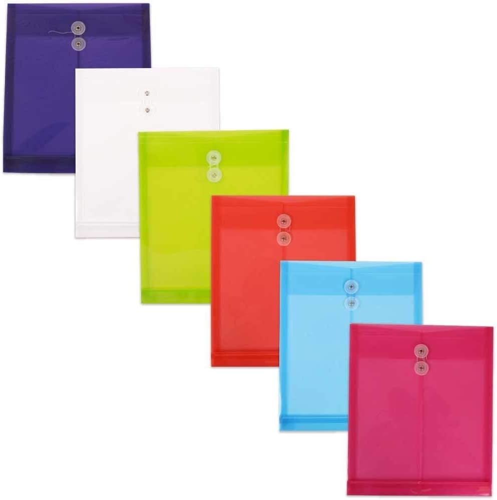 JAM PAPER Plastic Envelopes with Button & String Tie Closure - Letter Open End - 9 3/4 x 11 3/4 - Assorted Colors - 6/Pack