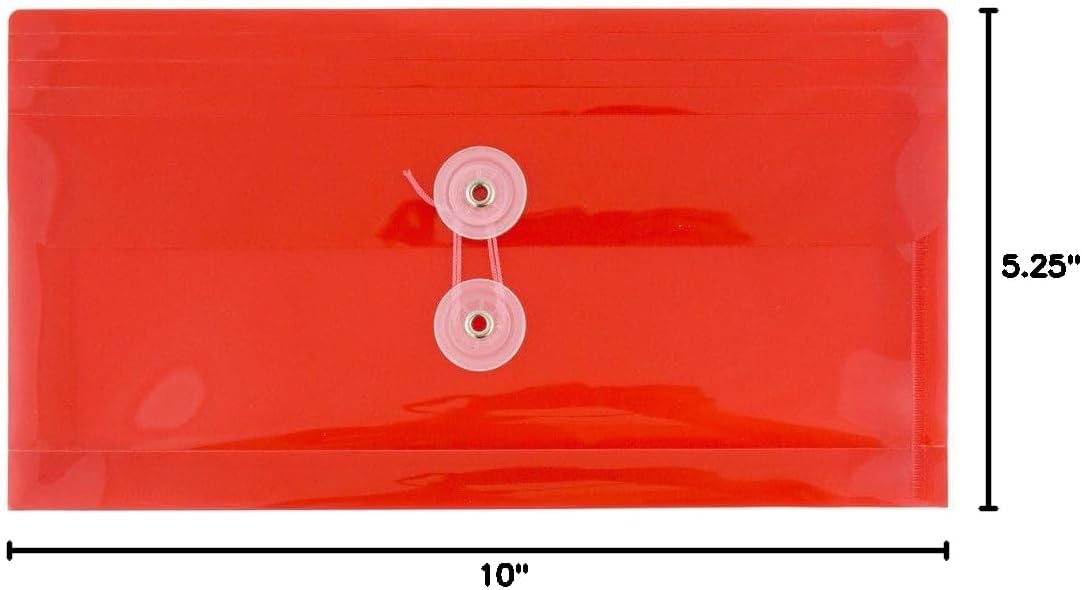 JAM PAPER Plastic Envelopes with Button & String Tie Closure - #10 Business Booklet - 5 1/4 x 10 - Red - 3/pack