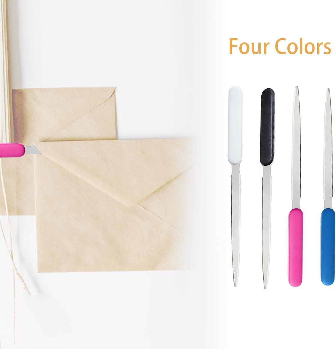 4 Pcs Letter Opener, Stainless Steel Letter Opener Knife, Stainless Steel Hand Envelope Slitter, Stainless Steel Envelope Openers, Lightweight Mail Slitters Letter Knives (Black, White, Blue, Pink)