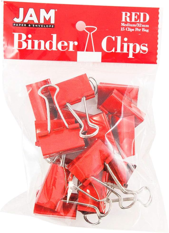 JAM PAPER Colorful Binder Clips - Medium - 1 1/4 Inch (32 mm) - Red Binderclips - 15/Pack