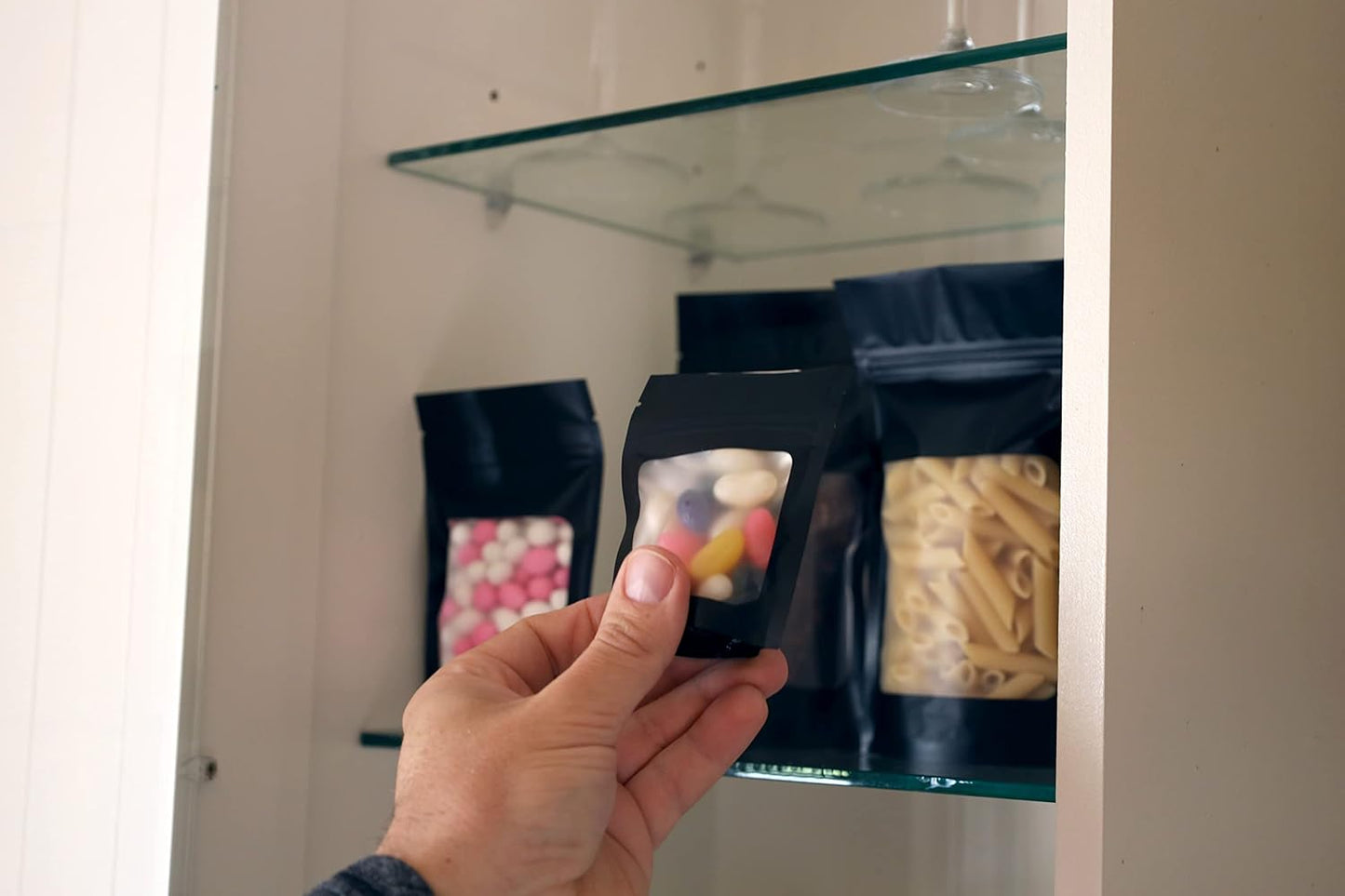 HANSER | Smell Proof Odorless Mylar Resealable Foil Pouch Bags with clear Window | Stand up bottom | Airtight | matte black | 100 Pieces | 4.8x8.2 Inches