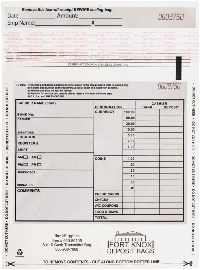 BankSupplies Clear Cash Deposit Bags | 8W x 10H | 500 Pack | Tamper-Evident Peel | Write-on Panel | Perforated Bottom | Matching Serial Number & Barcode | Deposit Plastic Bags