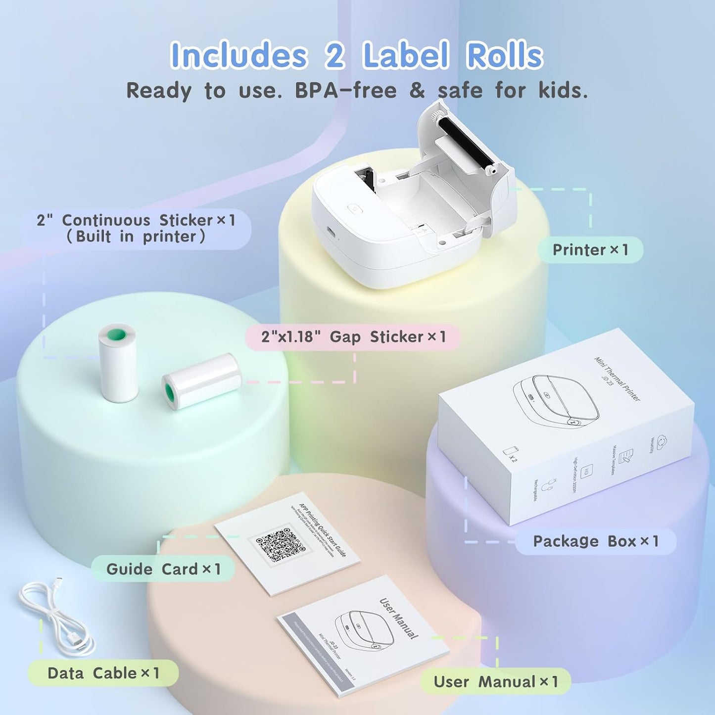 JD-23 Sticker Printer, Mini Portable Thermal Printer Print Pod, Inkless Bluetooth Label Maker with Smart App for Phone & Tablet for Office & Home Use, 2 Rolls Sticker Paper, White