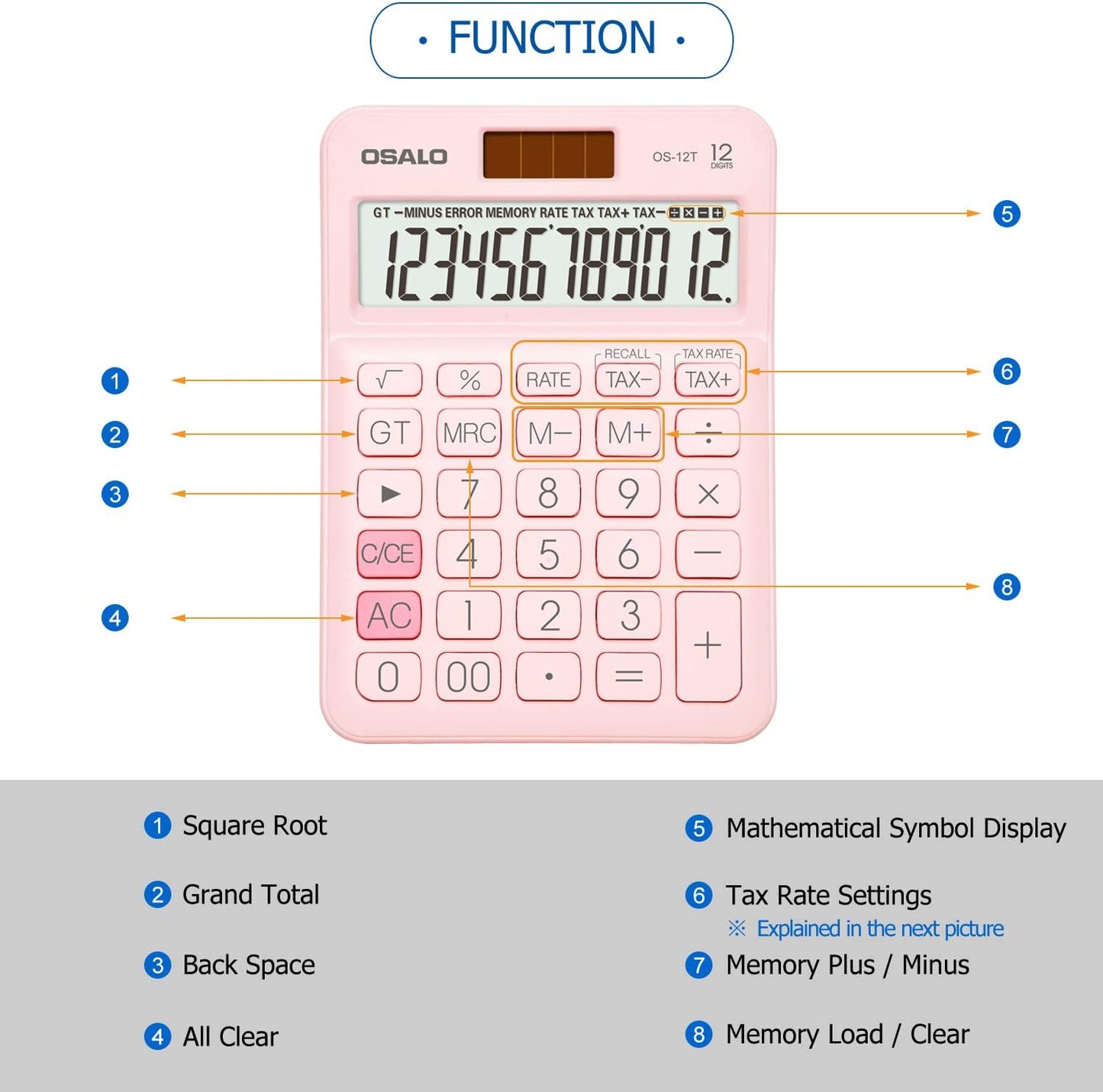Pocket Small Size Desk Calculator, 12 Digit Large LCD Display, Basic Tax Function Handheld Desktop Calculator with Solar Battery Dual Power, Perfect for Office, School, Business OS-12T (Pink)