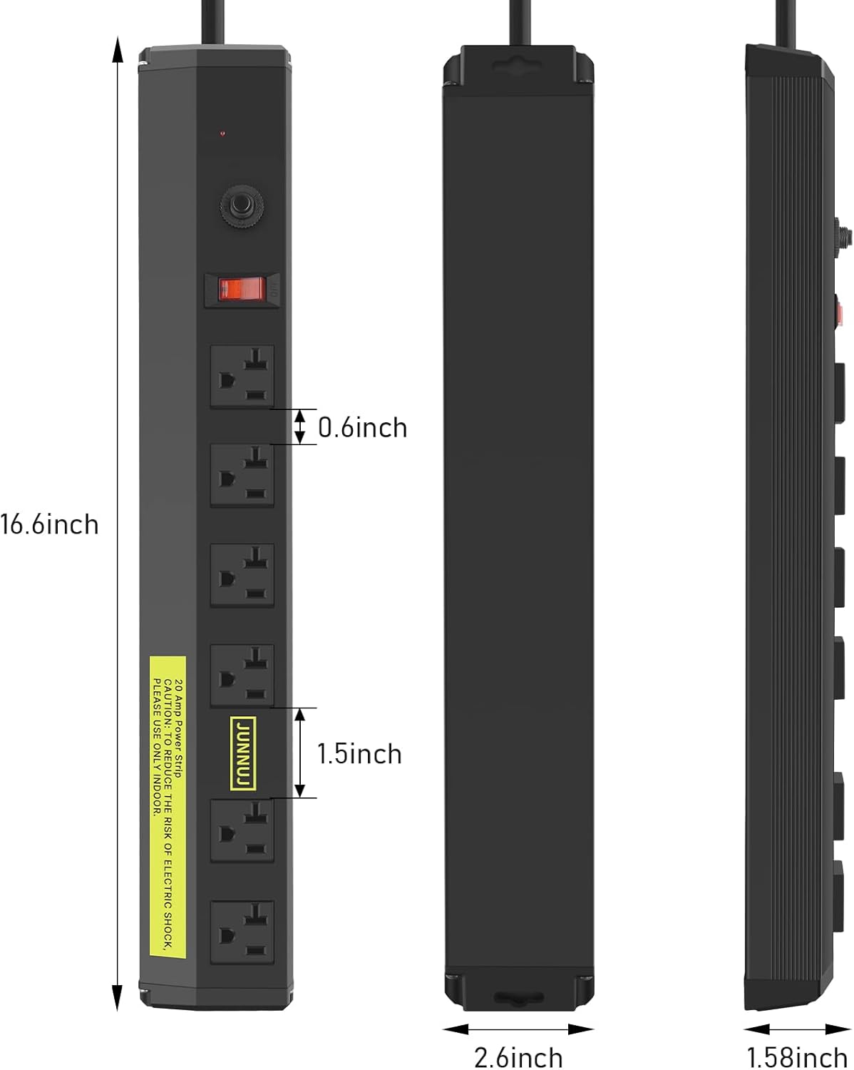 JUNNUJ Heavy Duty Metal Power Strip 20 Amp, High Amp Surge Protector 6 Outlet, 20A Power Strips Workshop Industrial Outlets Wide Spaced 6-20R T-Slot with Circuit Breaker, 12 Gauge Extension Cord 15ft