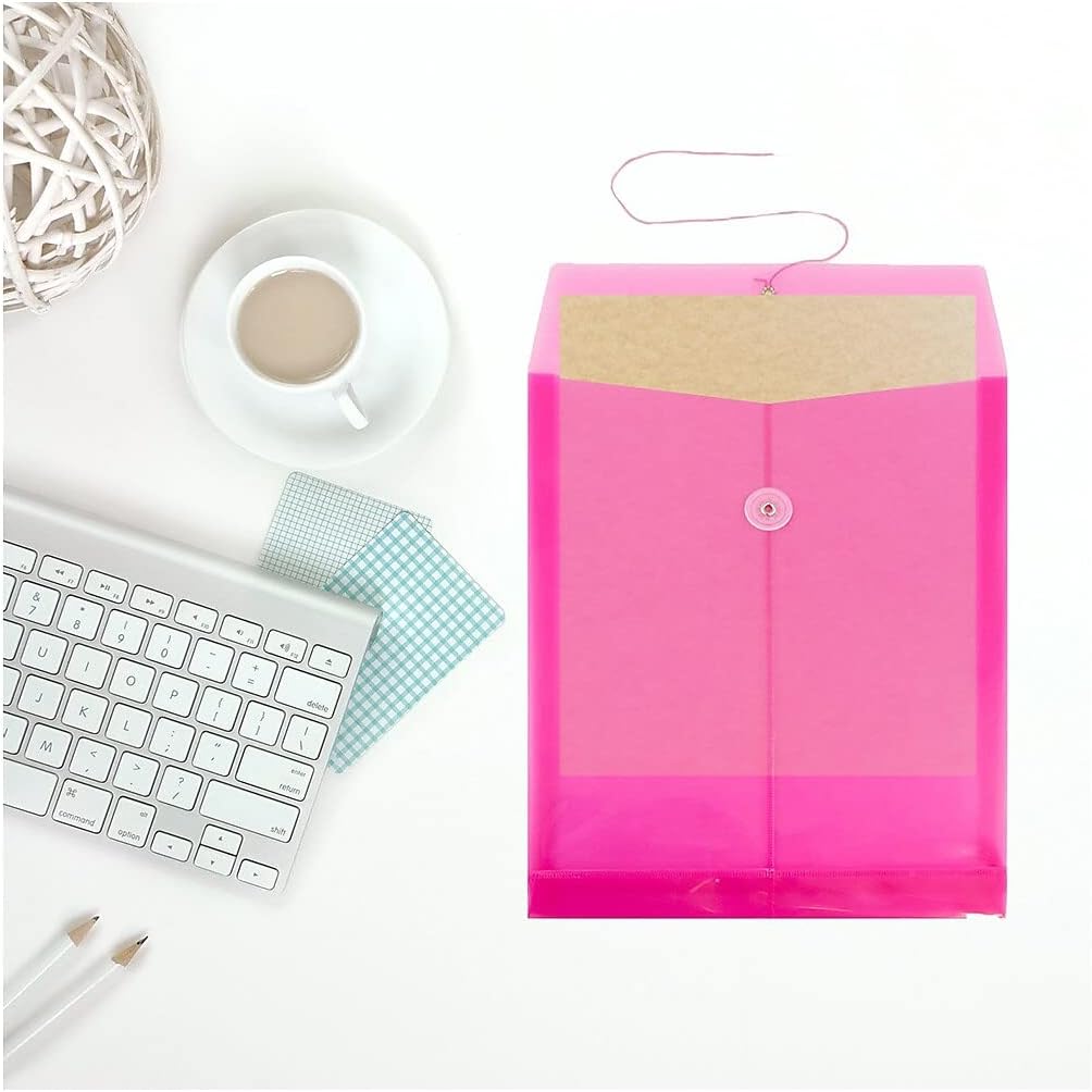 JAM PAPER Plastic Envelopes with Button & String Tie Closure - Letter Open End - 9 3/4 x 11 3/4 - Bright Hot Pink - 12/Pack