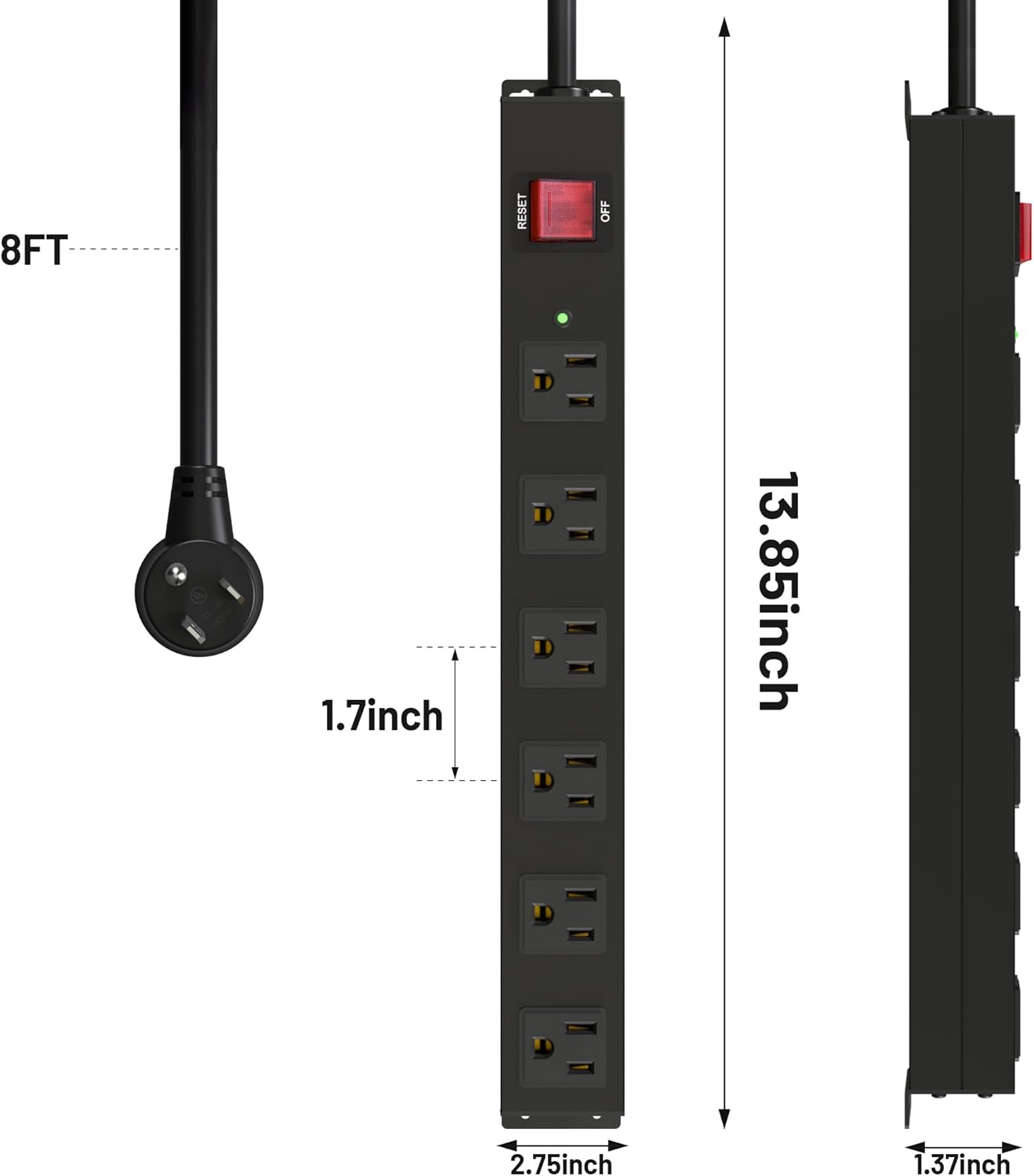 KF 6 Outlet Metal Power Strip with Surge Protection 2100J Mountable Power Outlet with Aluminum Alloy Mount Power Strip 14AWG 8FT Extension Cord,15A/125V/1875W in Home,Garage,Black