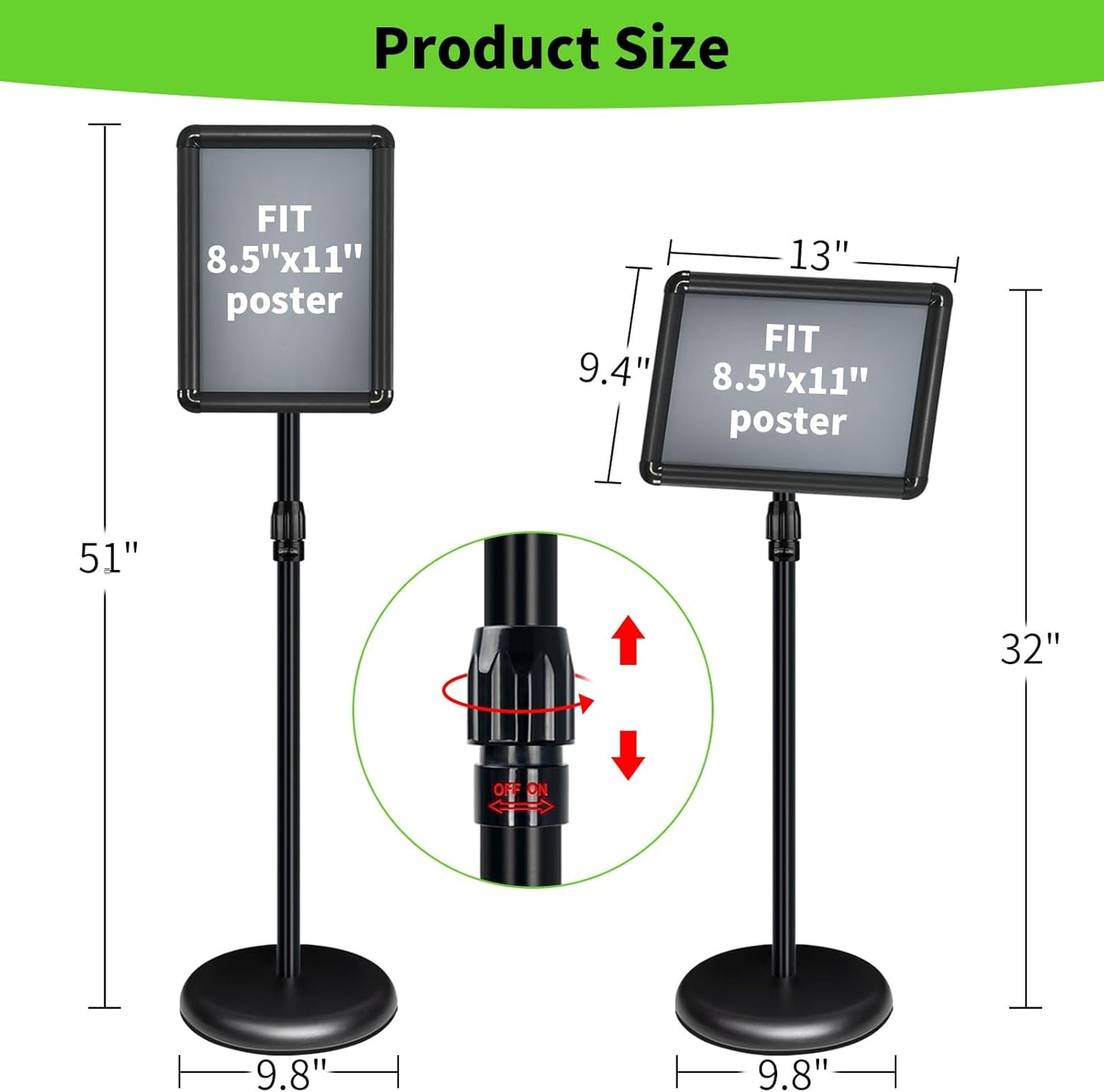 2Packs Adjustable Pedestal Sign Holder Stand 8.5''x11'', Floor Standing Poster Sign Stand for Vertical/Horizontal View Sign stand,Outdoor/Indoor Standing Sign Holders(Black, Round)