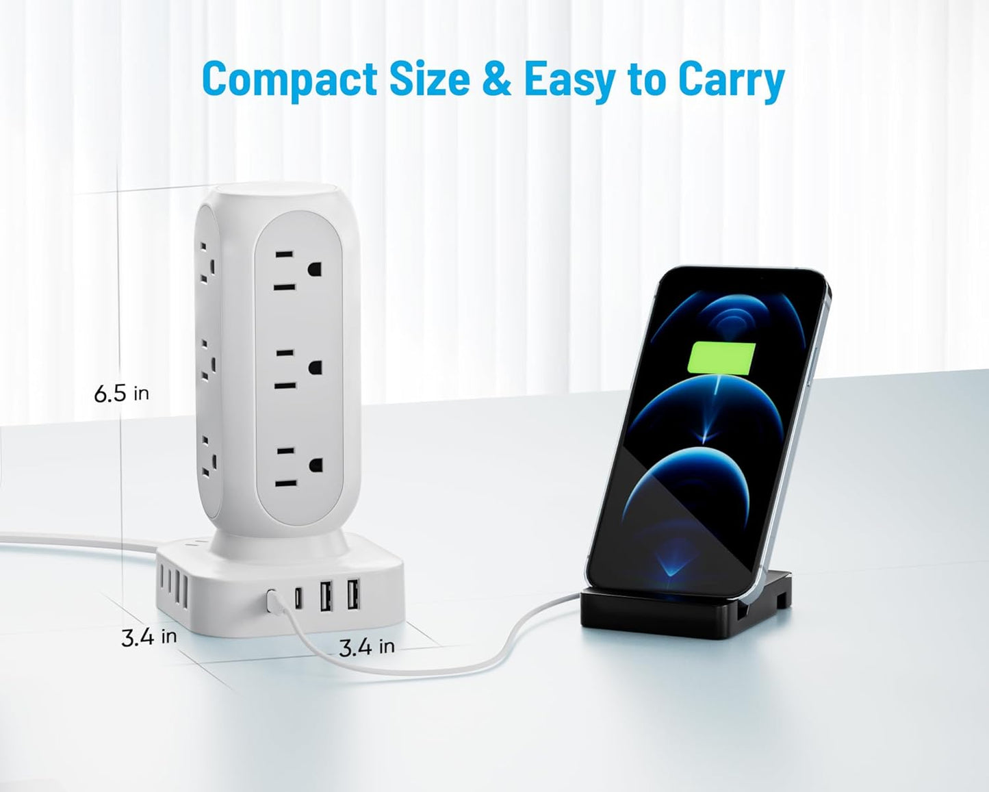 65W Fast Charging Station, Flat Plug Power Strip Tower with 12 AC Outlets & 8 USB Ports (2 PD USB-C Ports), 10FT Extension Cord, Compatible for MacBook Pro, iPhone Series.