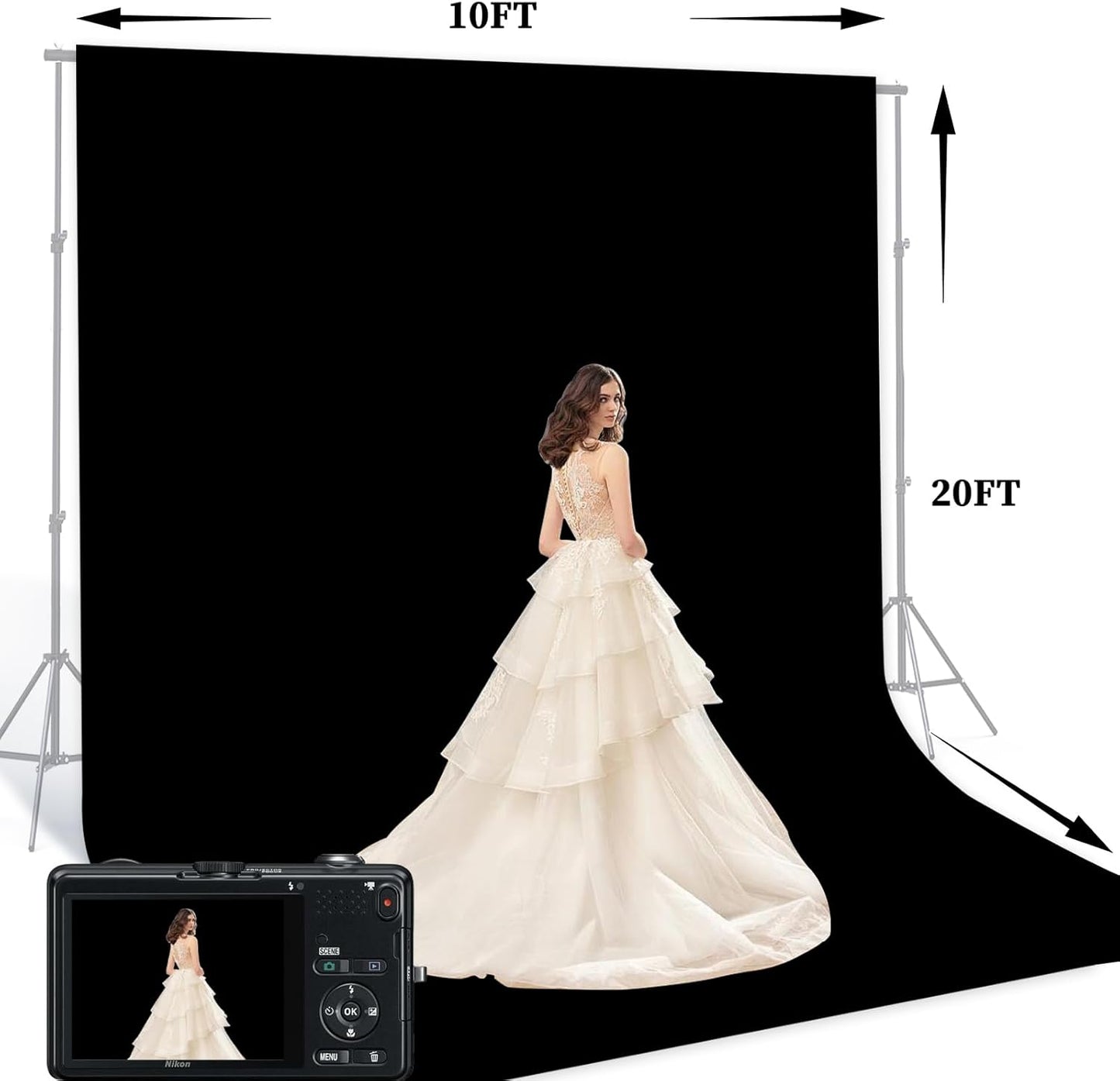 BEIYANG Black 10 x 20 Ft Large Photography Backdrop Screen, Black Non-Reflective Fabric Wrinkle Resistance Photo Background for Photoshoot, Zoom Meeting, Game Live Steaming