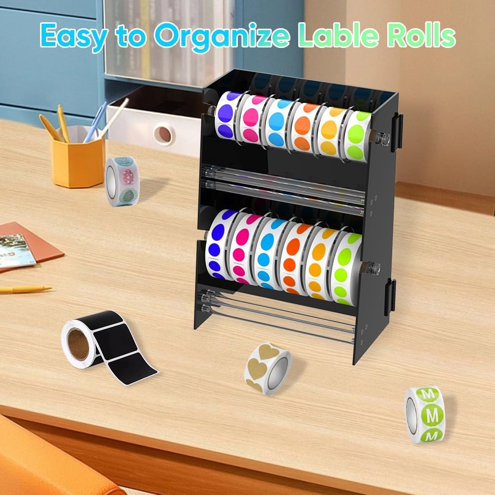 Acrylic Sticker Roll Dispenser Holder - Double-Layer Disks Adjustable Label Dispenser for Rolls of Sticker Labels Suitable for Office School Home - Sticker Roll Holder Organizer
