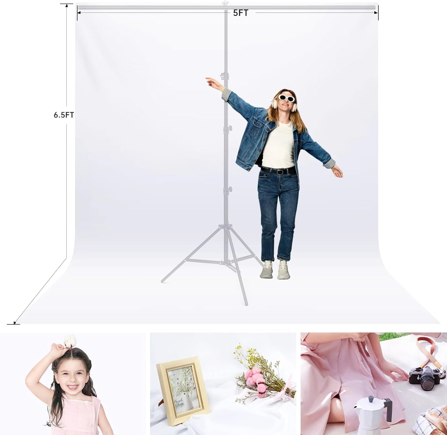 5x6.5Ft White Screen with Stand Kit, T-Shape Backdrop Stand Tabletop Photo Shoot for Jewelry Cosmetics, White Background with Adjustable Photo Backdrop Stand for Photography, Zoom with Case&Clips