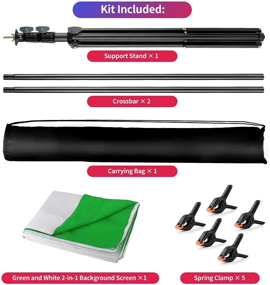 2-in-1 White Green Screen Backdrop Stand Kit, 5x6.5 ft Greenscreen Background with Stand for Streaming, Zoom, Photography with Clips & Carrying Bag