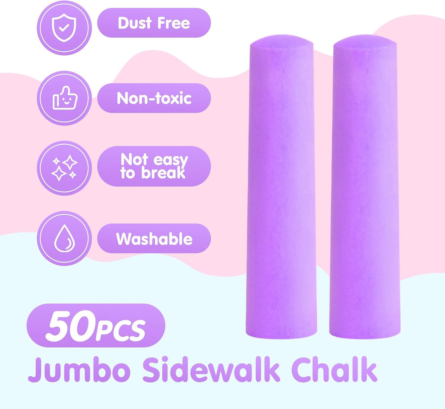 50 Pack Washable Sidewalk Chalks for Kids Non-Toxic Jumbo Chalk for Outdoor Art Play, Colored Chalk for Painting on Chalkboard, Blackboard and Playground (Purple)