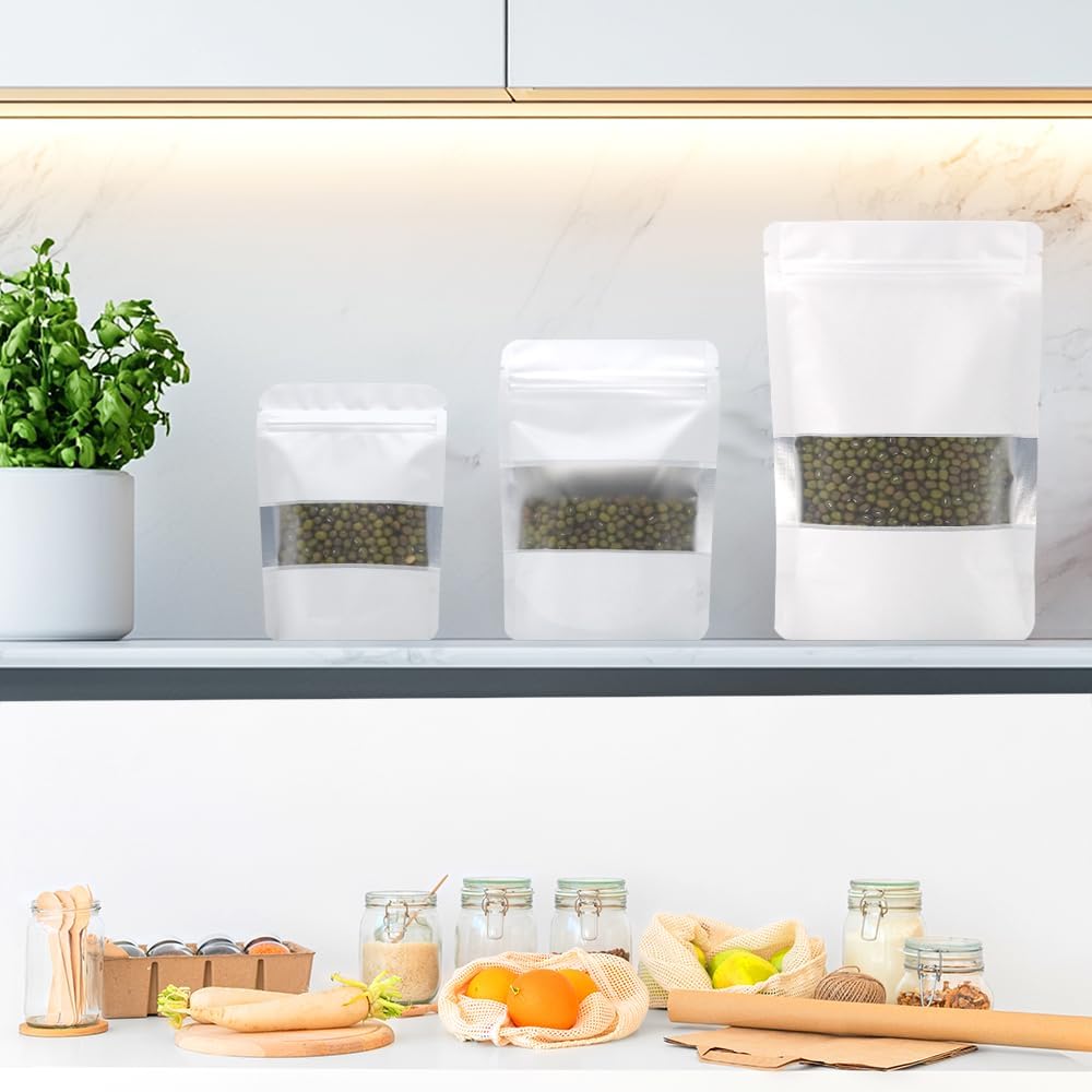 4CP 100 Pcs 3.5x5.0 Inch Zipper Smell Proof Bags with Window, Stand Up Foil Pouches for Food Selfsealing Storage, Reusable Bag for Packaging Small Business, Cookies, Nunt, Candy White