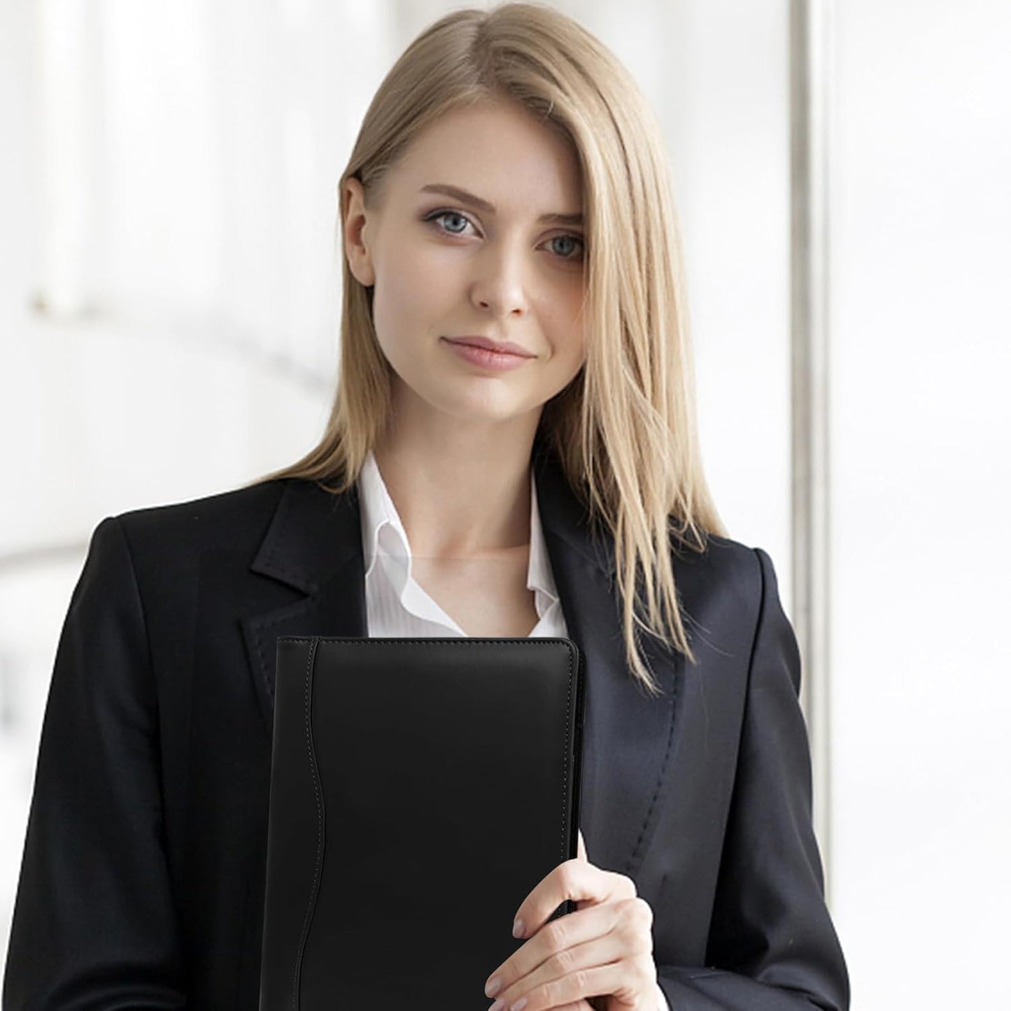 Leather Portfolio Binder 5 x 8, Mini Soft Leather Padfolio A5 Business Binder Legal Writing Pad Junior Size Document Organizer for Present Gift Kid Men Women Black