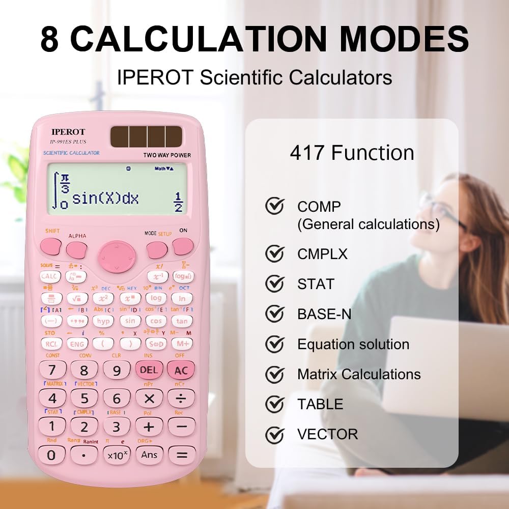 Scientific Calculators, IPEROT Pink Scientific Calculator 417 Function, Desktop Math Solar Calculators School Supplies Suitable for High School and College Students Algebra and Other Math Textbooks