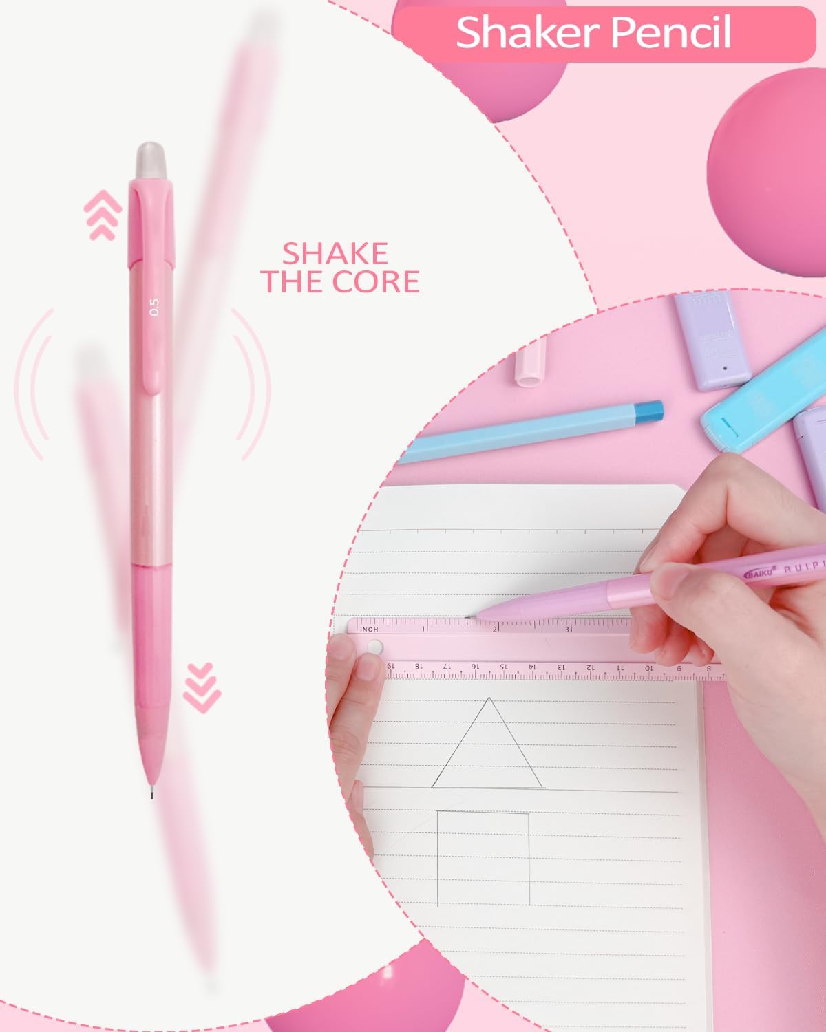 42PCS Mechanical Pencil Set with Cute Pencil Case,12X Pastel Mechanical Pencil 0.5mm, 0.7mm, 0.9mm & 2.0mm with 564X HB Leads Student Stationary Set for Writing Drawing Ideal Study Essentials (Pink)