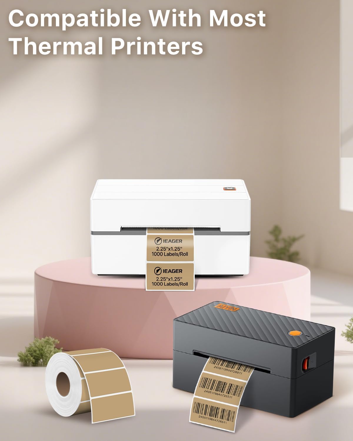 iEager 2.25x1.25 Inch Thermal Labels, Brown Durable Thermal Printer Stickers, Self-Adhesive Rectangle Shipping Label Printer Sticker for Barcode, Name, Address, 1000 Labels/Roll