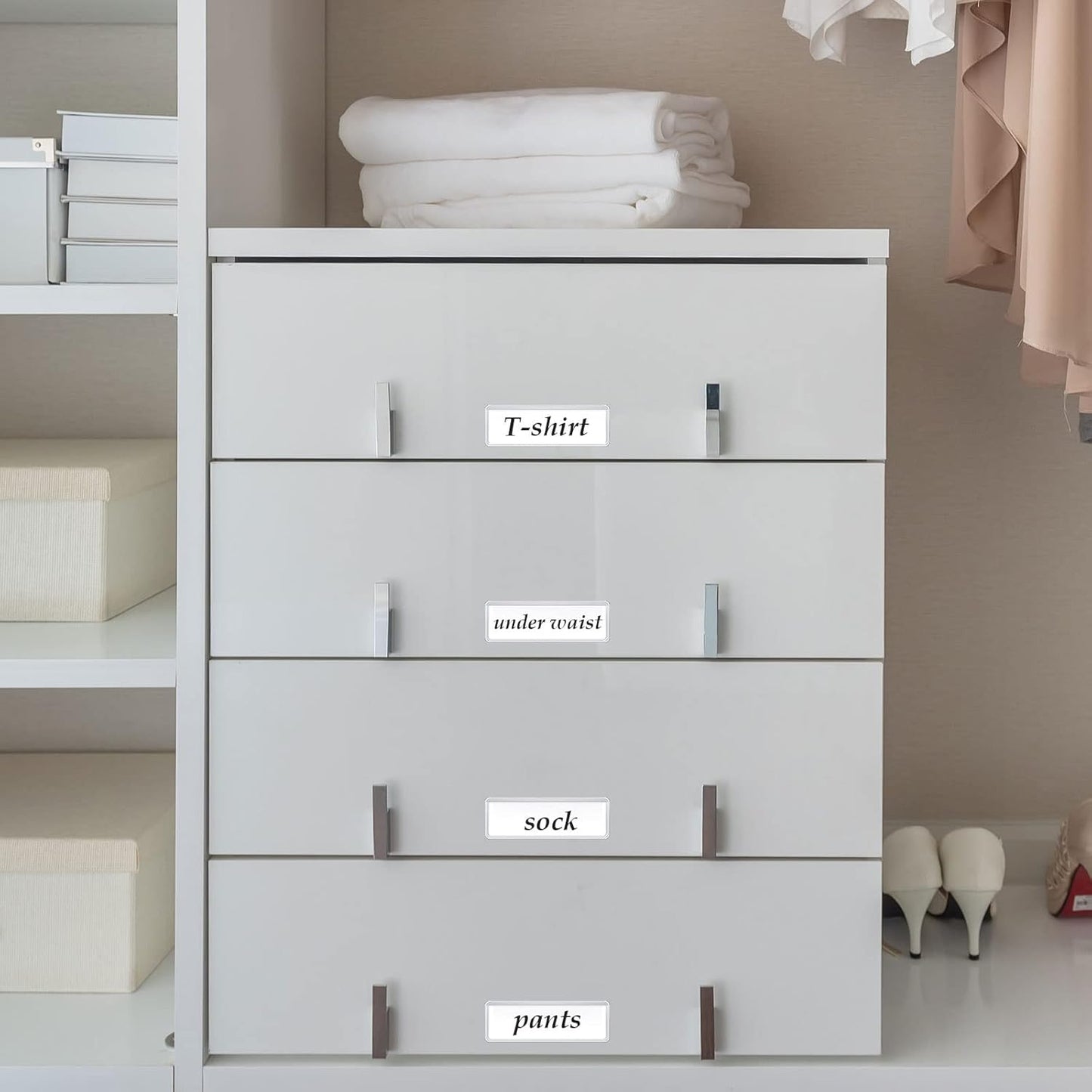 Jeyiour 100 Pcs Label Holders Adhesive Nameplate Pockets Storage Bin Labels Index Card Holder Shelf Plastic Peel Stick for Classroom Supermarket Bookshelf Library Student Box Drawer (2 x 0.6 Inch)