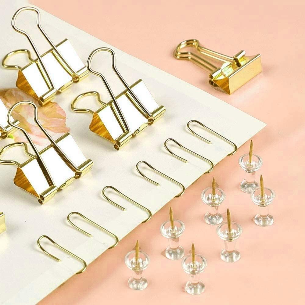 10 Pack, Gold Paper Clips and Binder Clips Set, Metal Assorted Sized Binders with Push Pins, Cute Gold Office Supplies for Desk, Desk Accessories