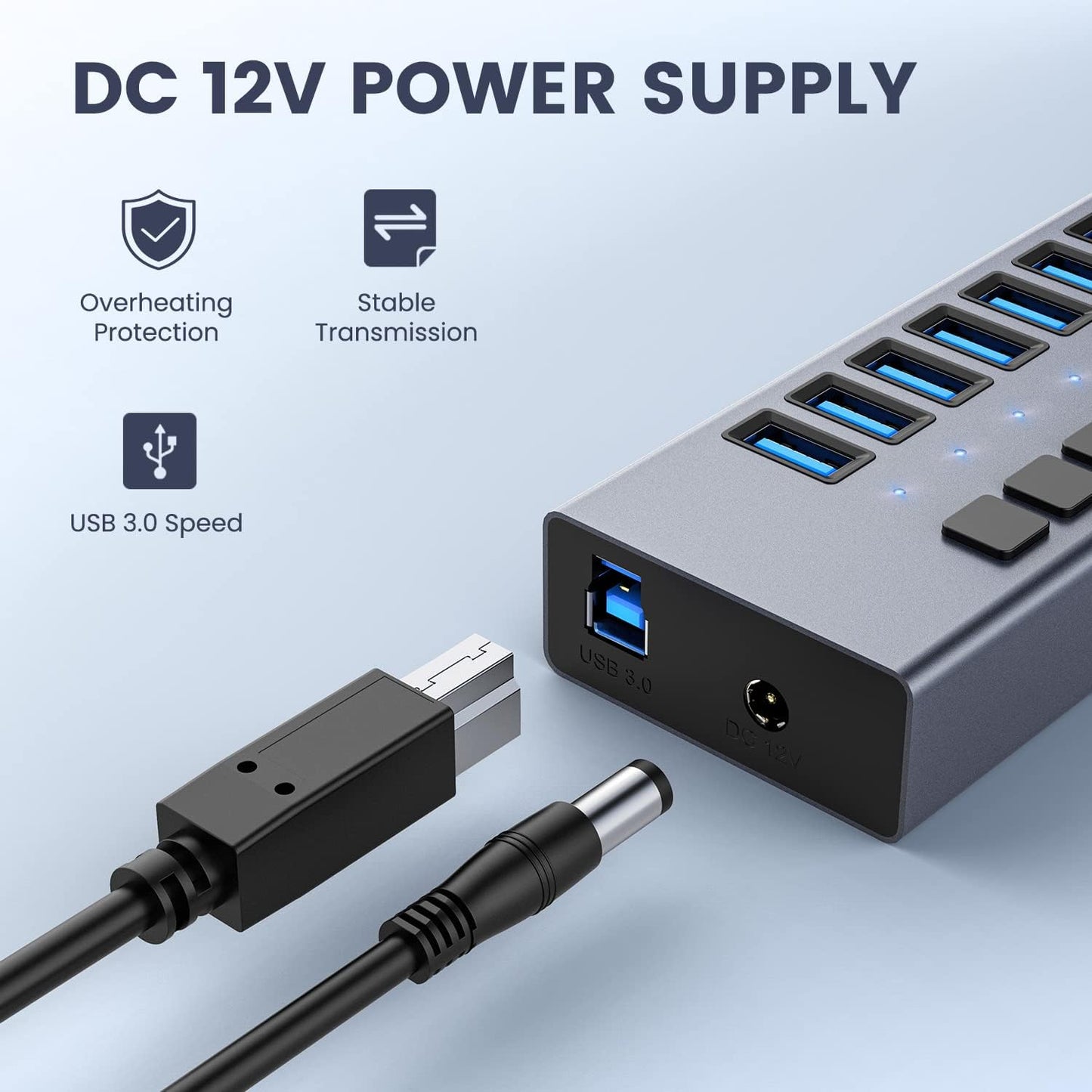 48W Powered USB Hub - ACASIS 10 Ports USB 3.0 Data Hub, Individual On/Off Switches, 12V/4A Power Adapter, Aluminum Housing, USB Splitter for PC, Computer, Mobile HDD, Flash Drive