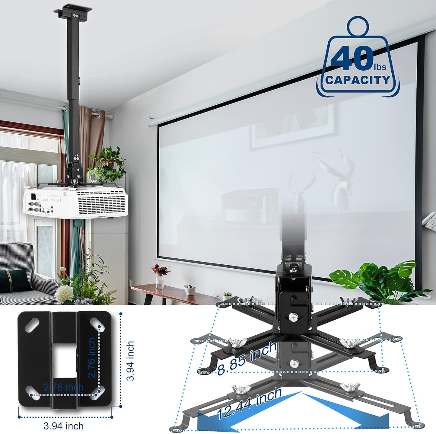 3-in-1 Projector Mount Wall/Ceiling Projection Bracket, Universal Height Adjustable Hanging Mount Bracket Holder with Extension Pole for Home and Office Projector