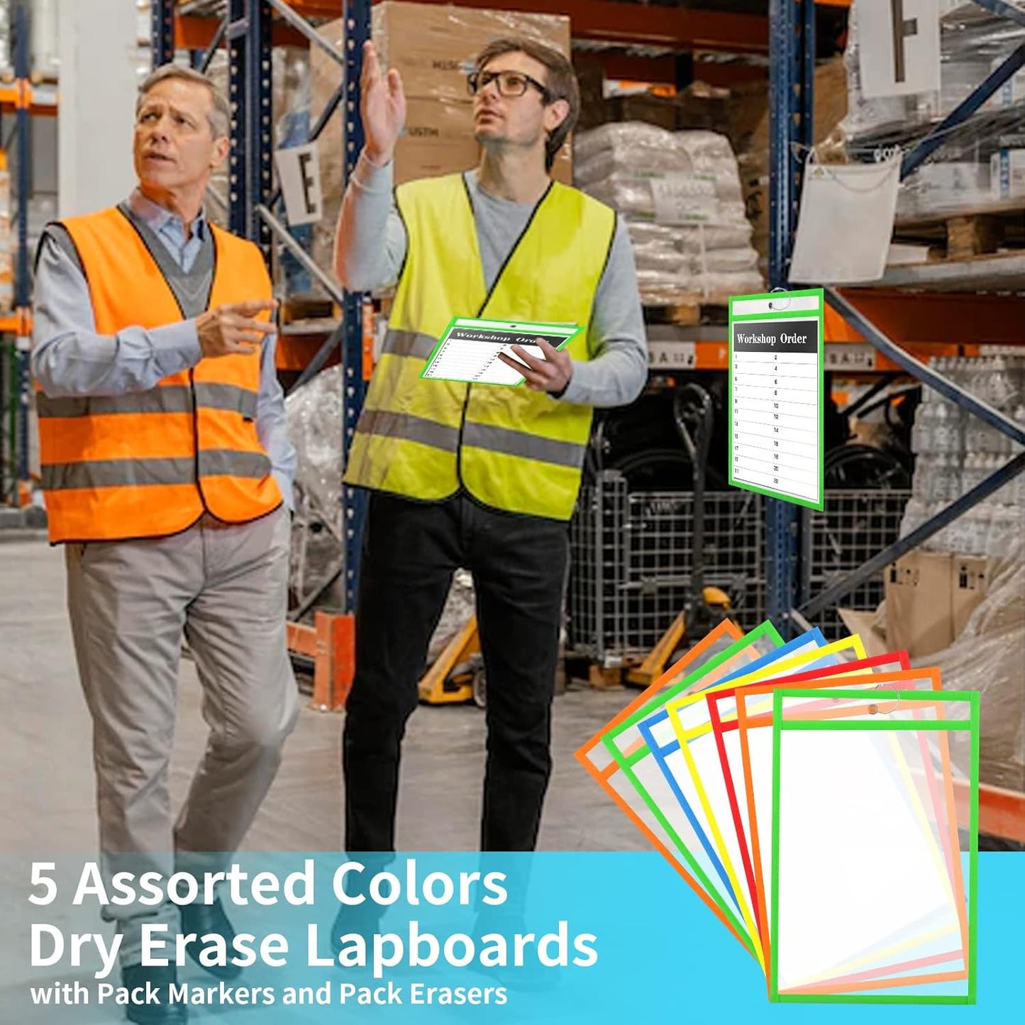 50 Pack 6x9 Inch Shop Ticket Holders - 5 Assorted Colors Dry Erase Pocket Sleeves with 5 Rings for Industrial Shop Ticket & Office