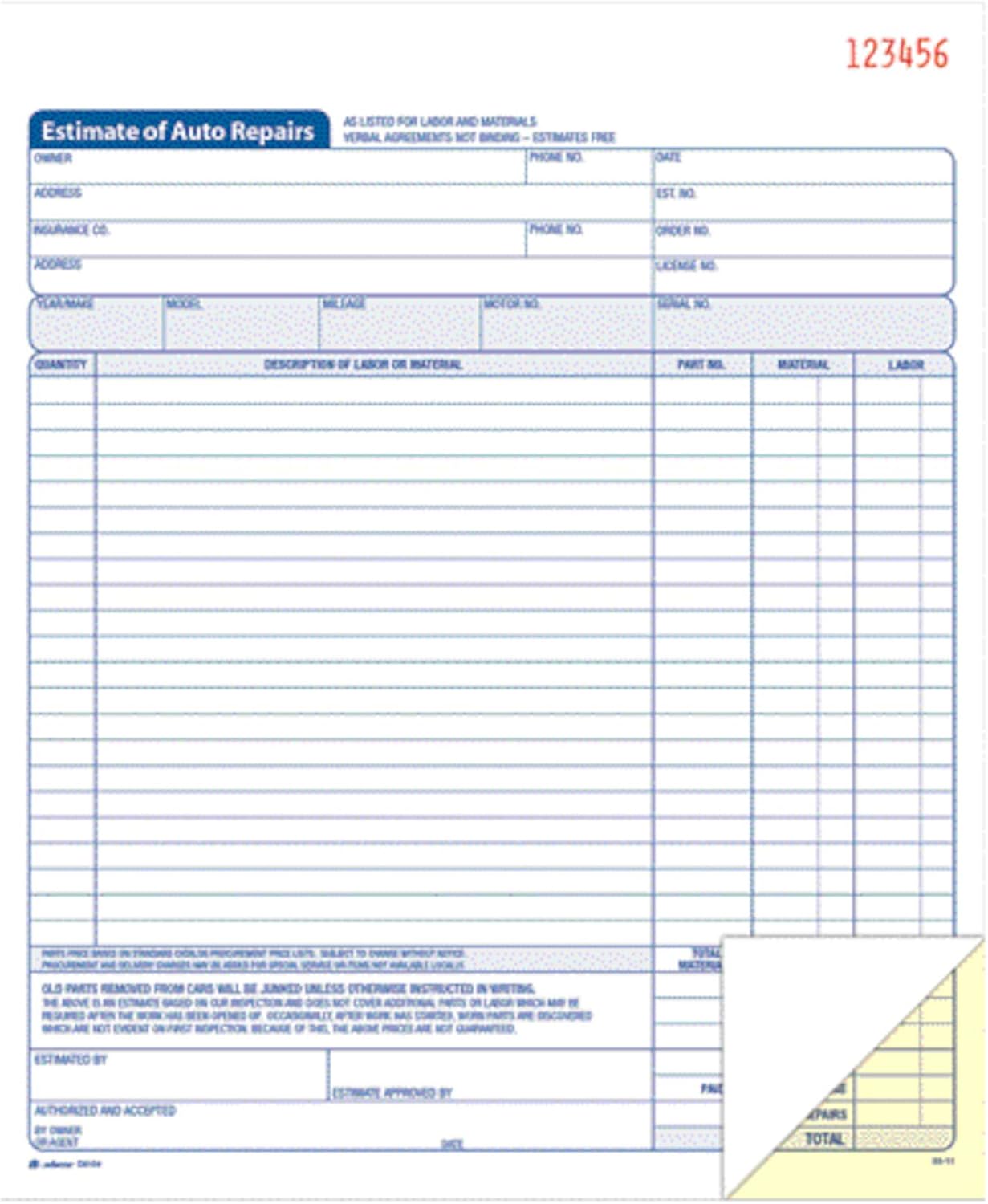 Adams Auto Repair Estimate Book, 2-Part, Carbonless, White/Canary, 8-3/8 x 10-11/16 Inches, 50 Sets per Book (D8104)