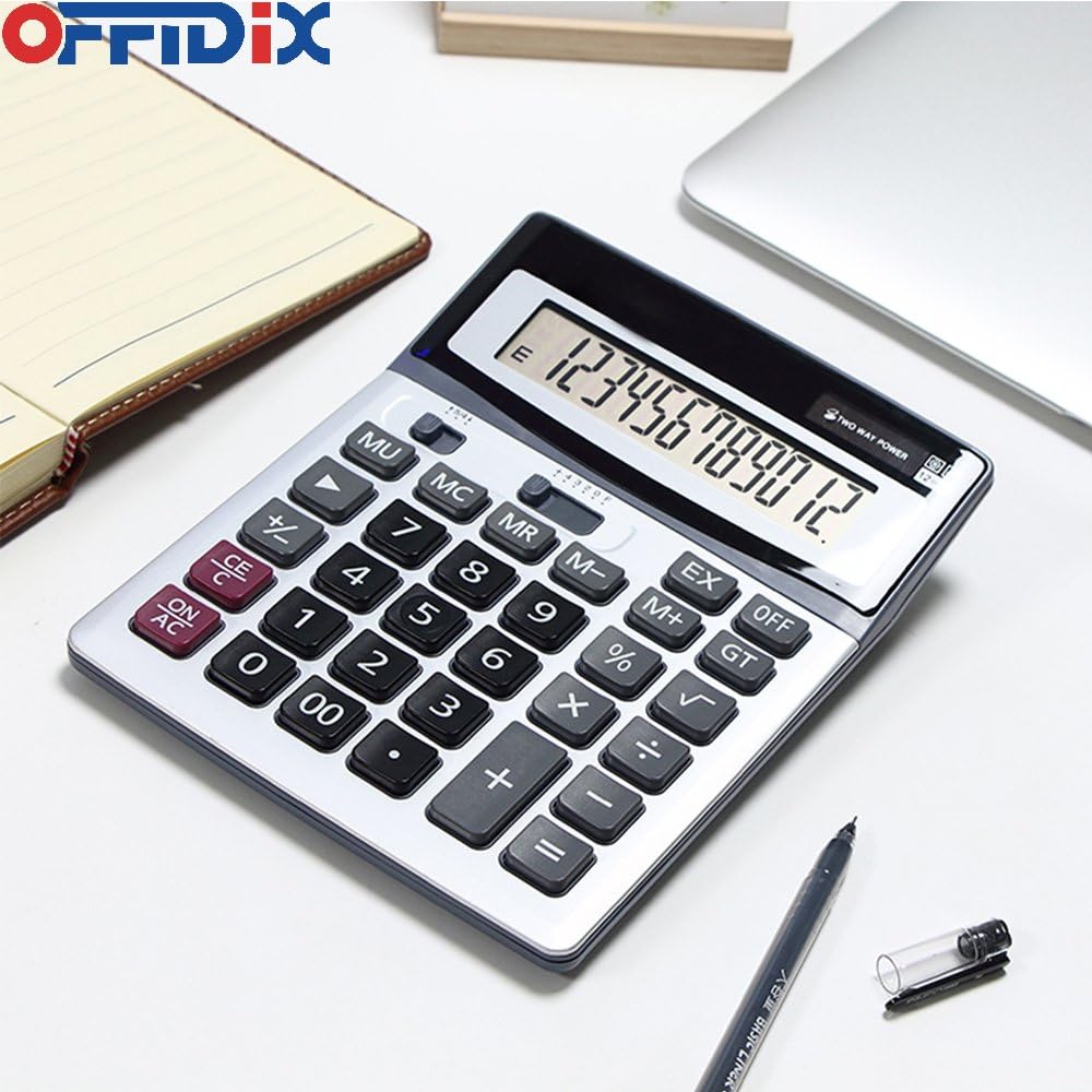 OFFIDIX Large Key Dual Power Electronic Calculator, Portable 12 Digit Large LCD Display Desk Calculator for Daily and Basic Office