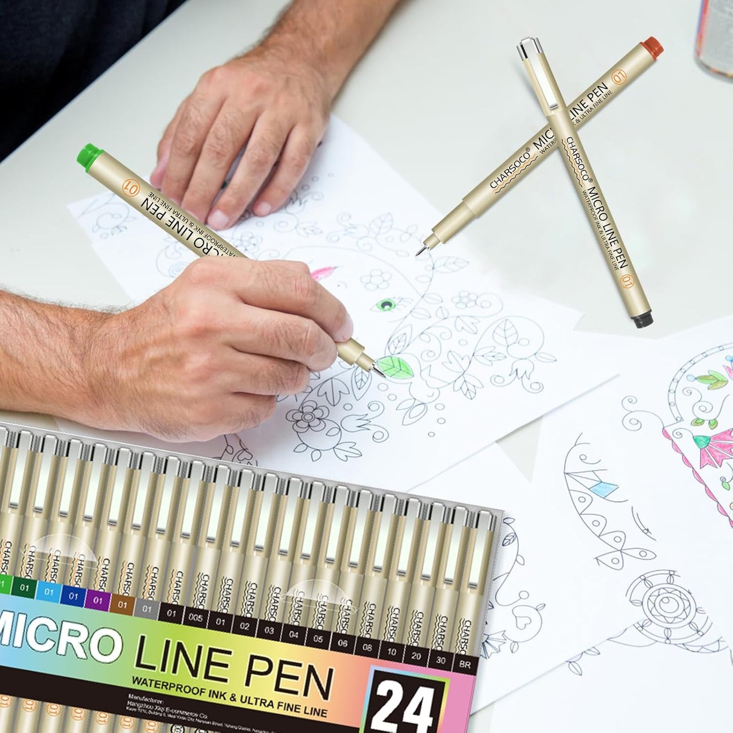 24 Pack Micro Pens, 12 Colors & 12 Black in 0.23mm - 5mm, Waterproof Archival Ink, Fine Point Pen for Artist Illustration, Sketching, Anime, Manga and Technical Drawing