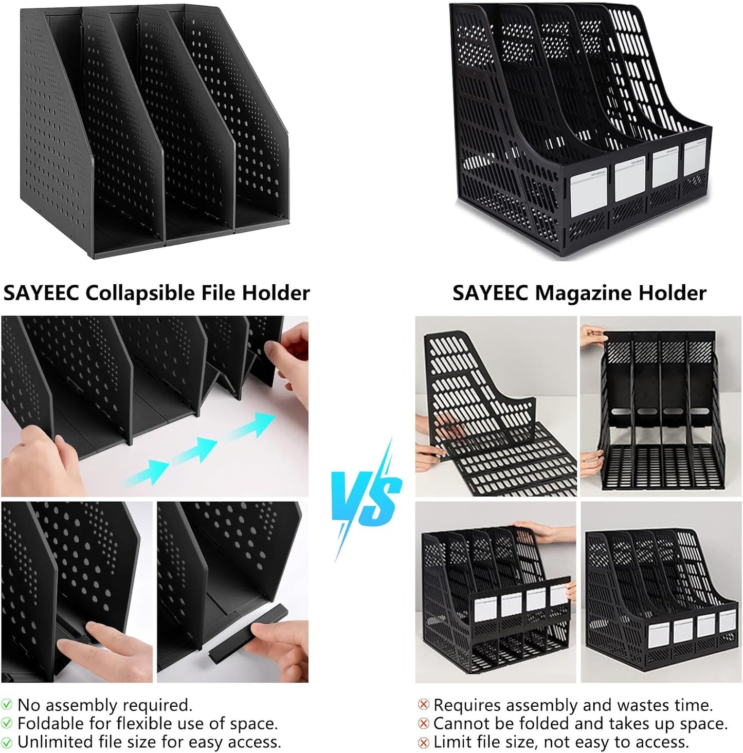 SAYEEC 1Pcs Collapsible Plastic Magazine File Holder Vertical Binder Storage Organizer for Desk Sturdy Upright Desktop Magazine Organizer Folder Rack for Office School Home (3 Compartments, Black)