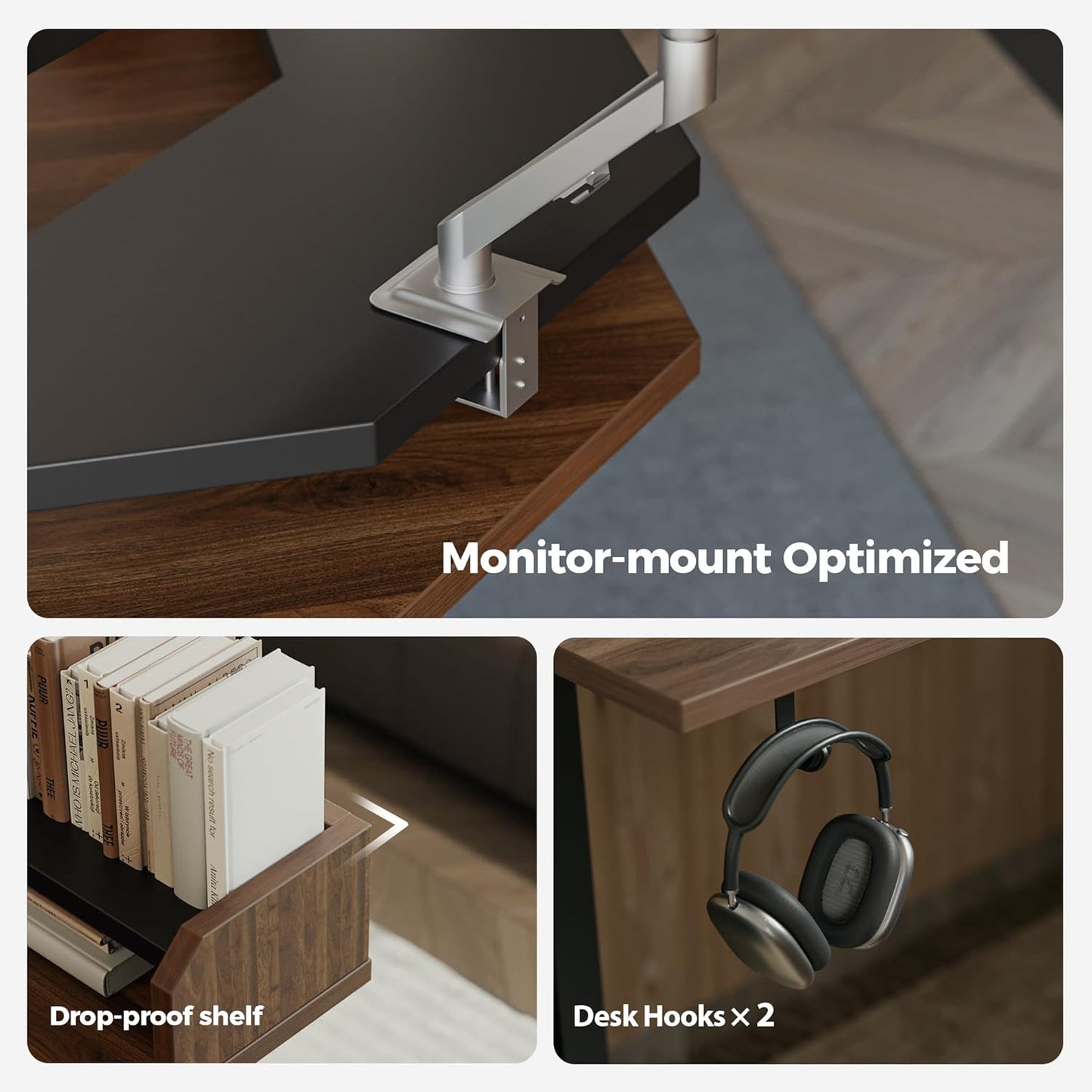 Agilestic L Shaped Standing Desk, Adjustable Height Corner Gaming Desk with Shelf, Sit Stand Up Desk, 63 x 55 Inch Home Office Computer Table, Dark Walnut