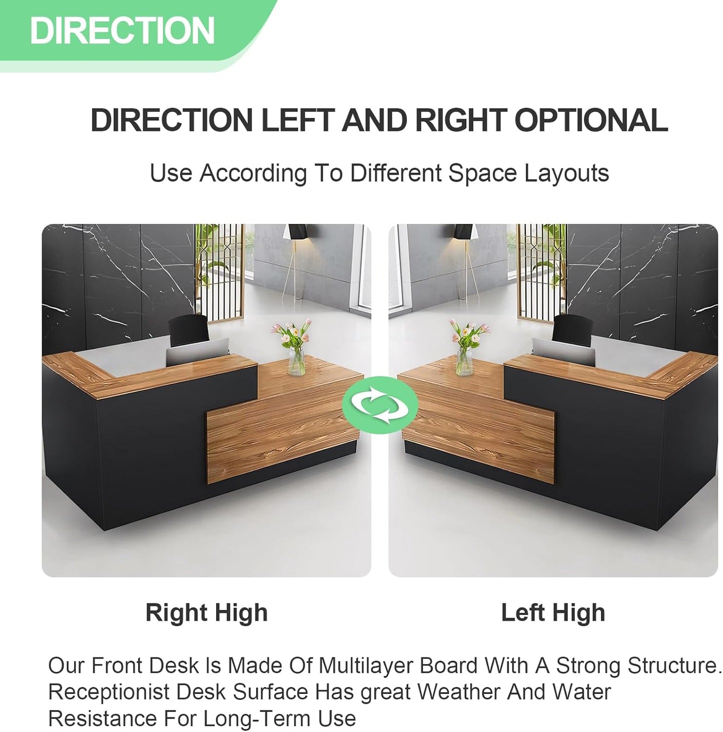 Modern Reception Desk with Counter and Drawer Office Front Desk with Cabinet Wooden Commercial Reception Table Checkout Counter for Retail Salon Lobby Black and Wood Right 79inch/200cm