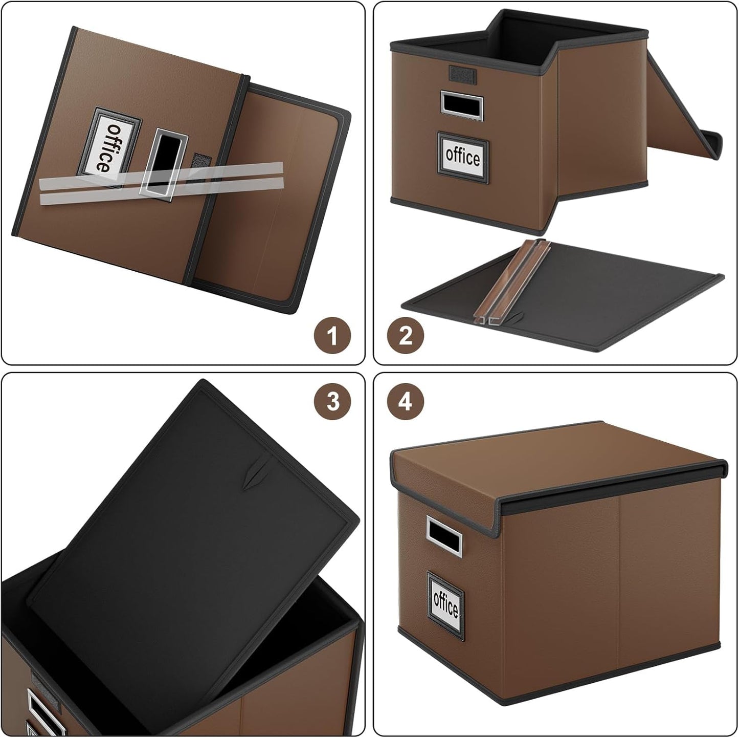 Huolewa File Organizer Box with Lid, Collapsible Leather File Folder Organizer for Office Document Storage, Filing Box with Plastic Slide for Letter/Legal Size Hanging Files, Dark Brown, 4 pack