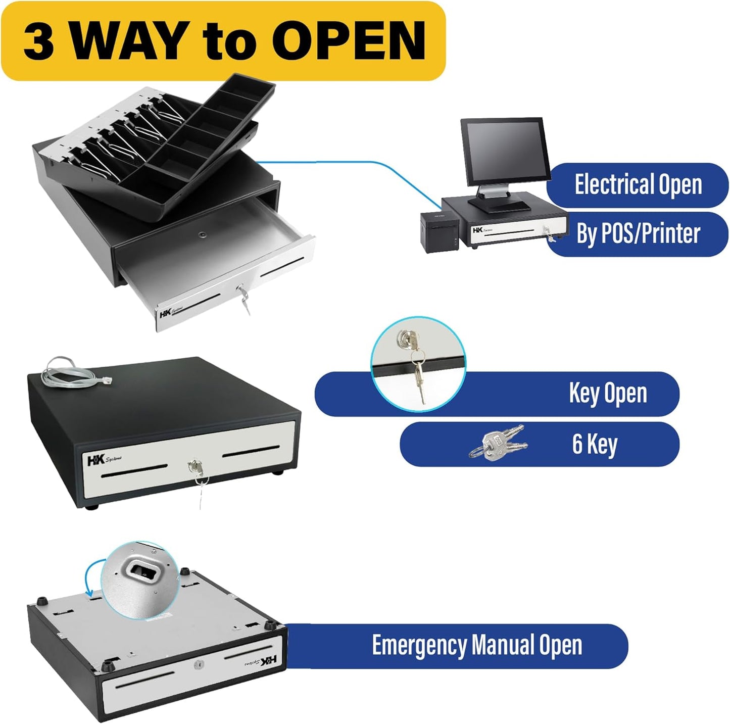HK SYSTEMS 13inch "Stainless Steel" Front Heavy Duty Black POS Interface Cash Drawer with 4Bill/5Coin