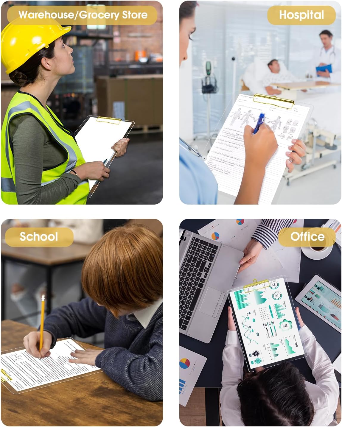 Honagu Acrylic Clear Clipboards, Transparent Plastic Clipboard with Gold Strong Clip Hidden Hanging Hole, A4 Letter Size Clipboards for Nurses, Art Student, Teachers,School & Office Supplies, 4PC