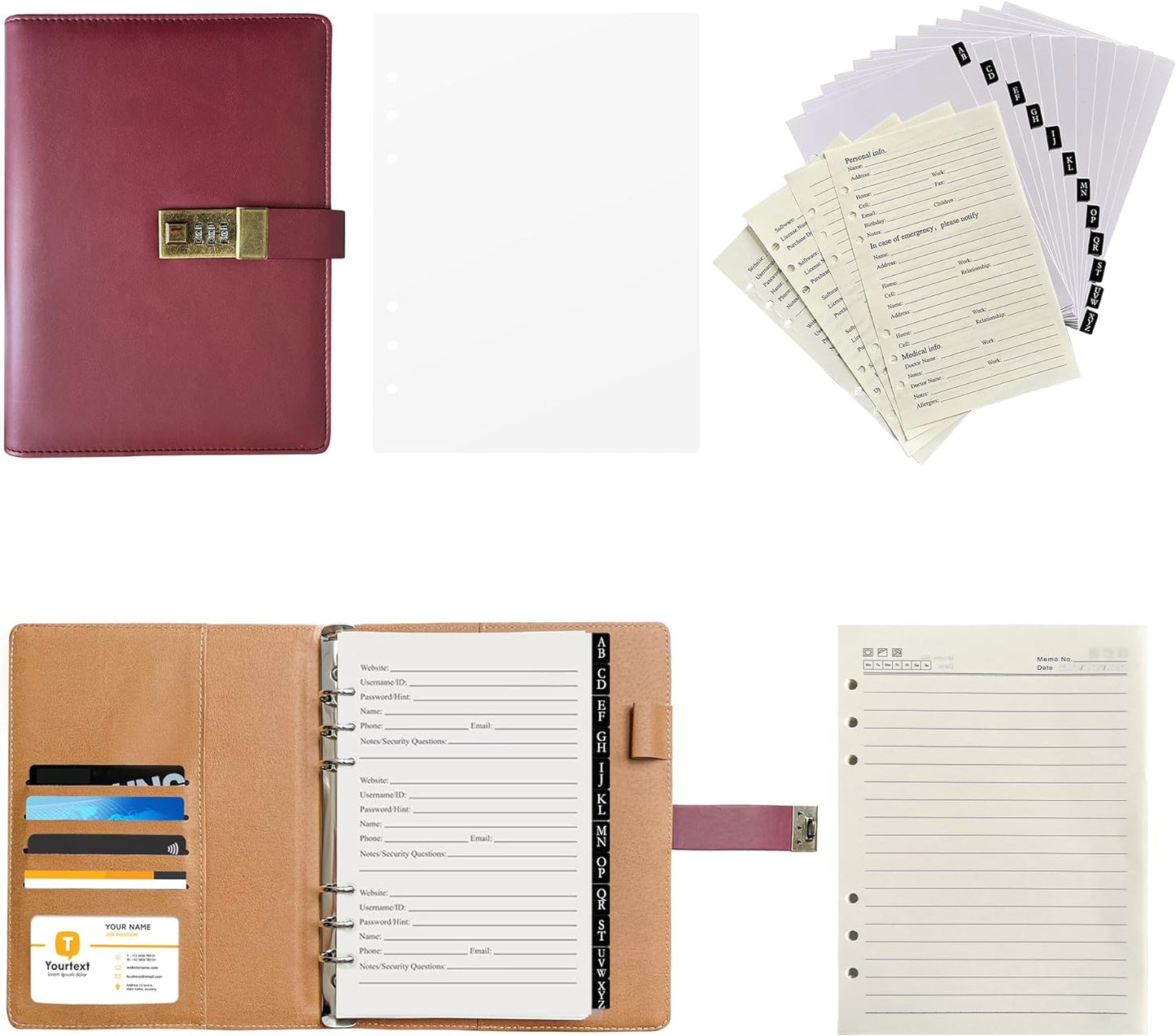 A5 Password Book with Combination Lock & Alphabetical Tabs, 302 Pages Leatherette Hardcover Internet Address & Password Organizer Logbook, Large Print, Refillable, 576 Entries, for Seniors