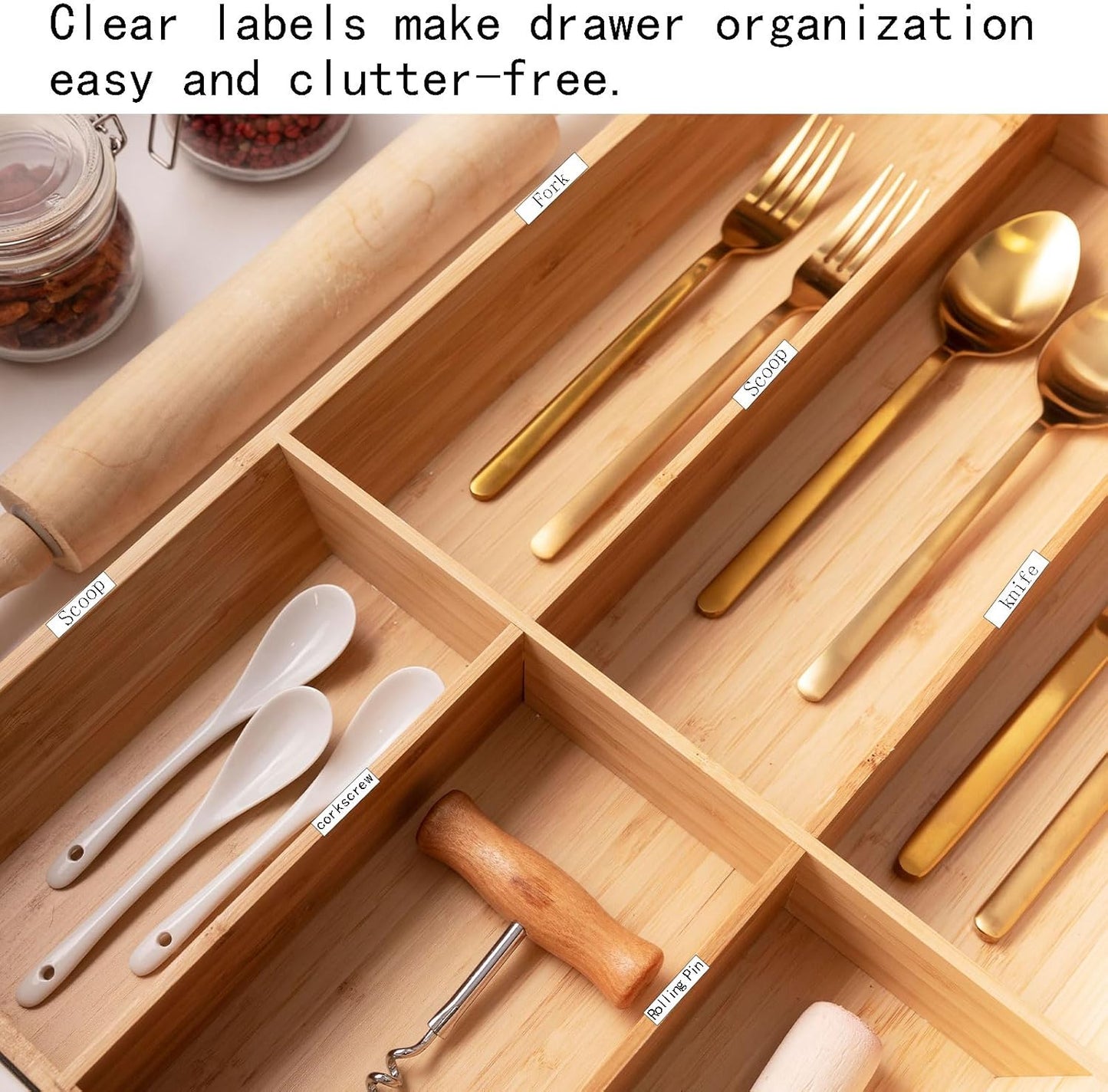 100Pcs Self-Adhesive Drawer Divider Labels – Clear Address Stickers for Organized Storage – Bamboo Silverware Drawer Divider Labels