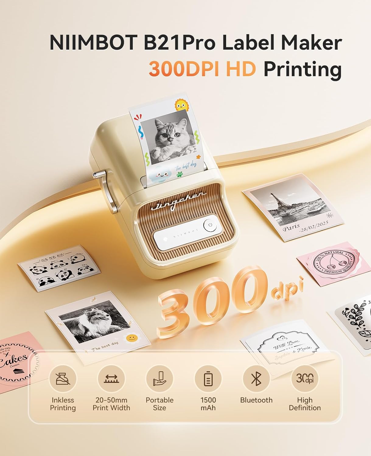 NIIMBOT Sticker Printer, B21 Pro Portabel Sticker Maker, Bluetooth Label Maker, 300DPI HD Label Printer for Photos, Notes, Study Graphics, Memo Maker,50x30mm Label,230Pcs(White)