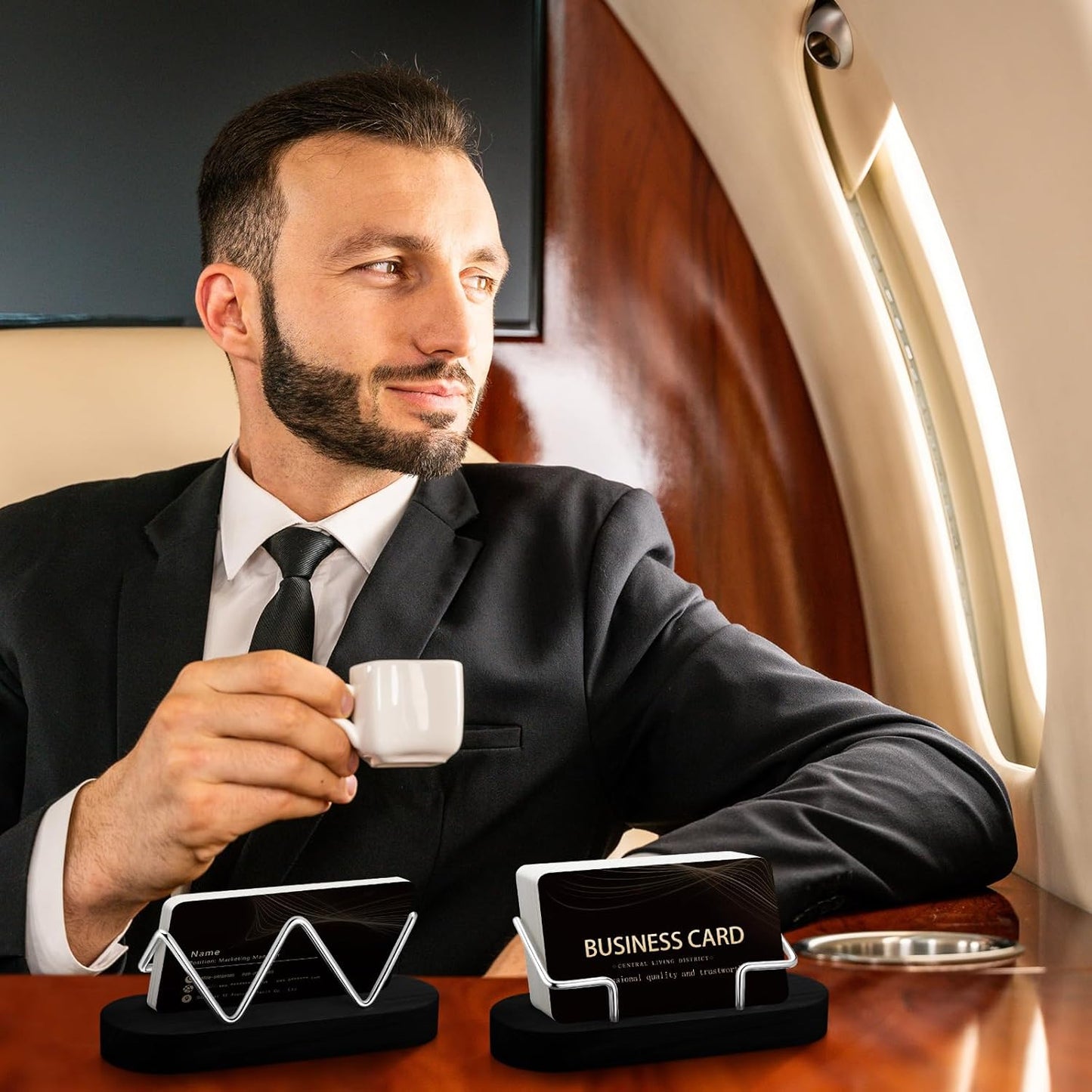 Amyhill 2 Pieces Wood Business Card Holder for Desk Wooden Business Card Display Stand Postcard Holder for Office Home Desktop (Black)