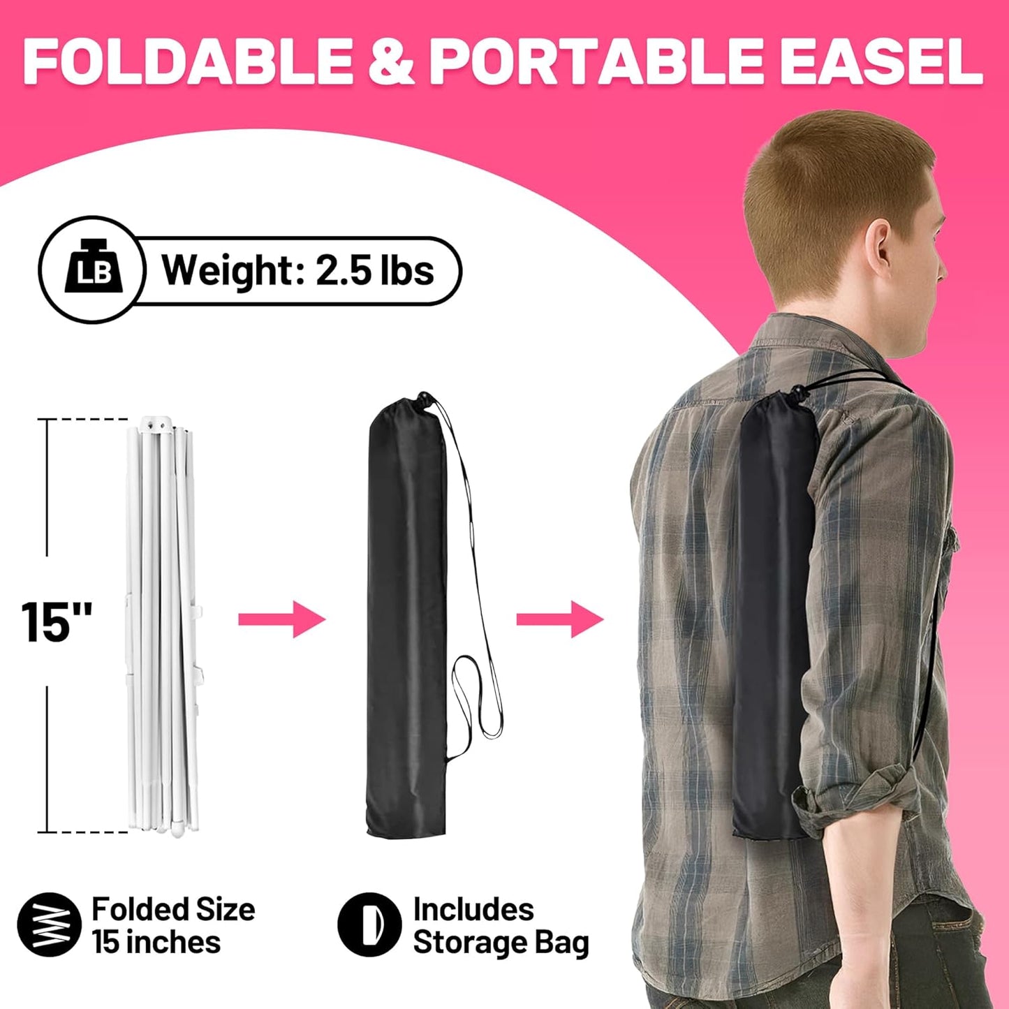 2 Pack White Easel Stand for Sign & Poster - 63" Adjustable Metal Easels for Wedding Welcome Sign, Painting, Canvas, Art Display - Portable Folding Tripod with Carry Bag, Holds 5 Lbs