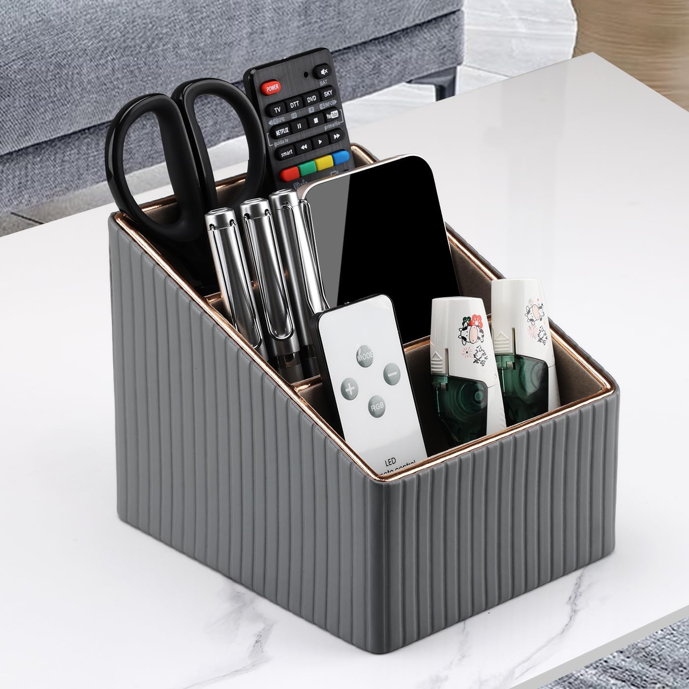 KINGFOM 3 Slot PU Leather Remote Controller Holder, Home Sundries Storage Box, TV Guide/Mail/CD Organizer/Caddy/Holder with Free Cable Desk Organizer (Grey)