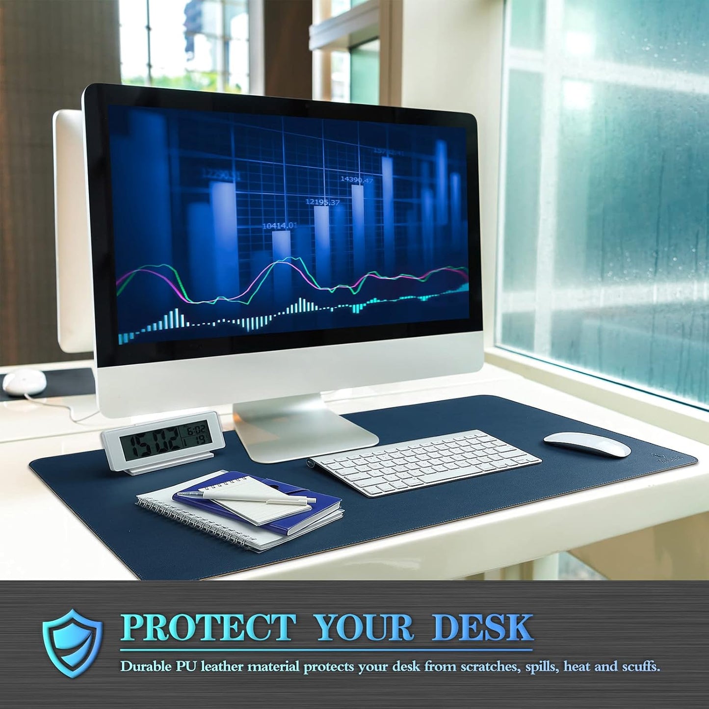 K KNODEL Desk Mat, Blotter, Dual-Sided Office Desk Pad, Waterproof Desk Mat for Desktop, Desk Blotters, PVC Leather Pad Protector (Dark Blue, 35.4" x 17")